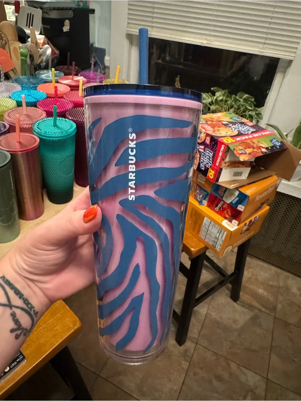 Starbucks Pink and Blue Zebra Stripe Tumbler
